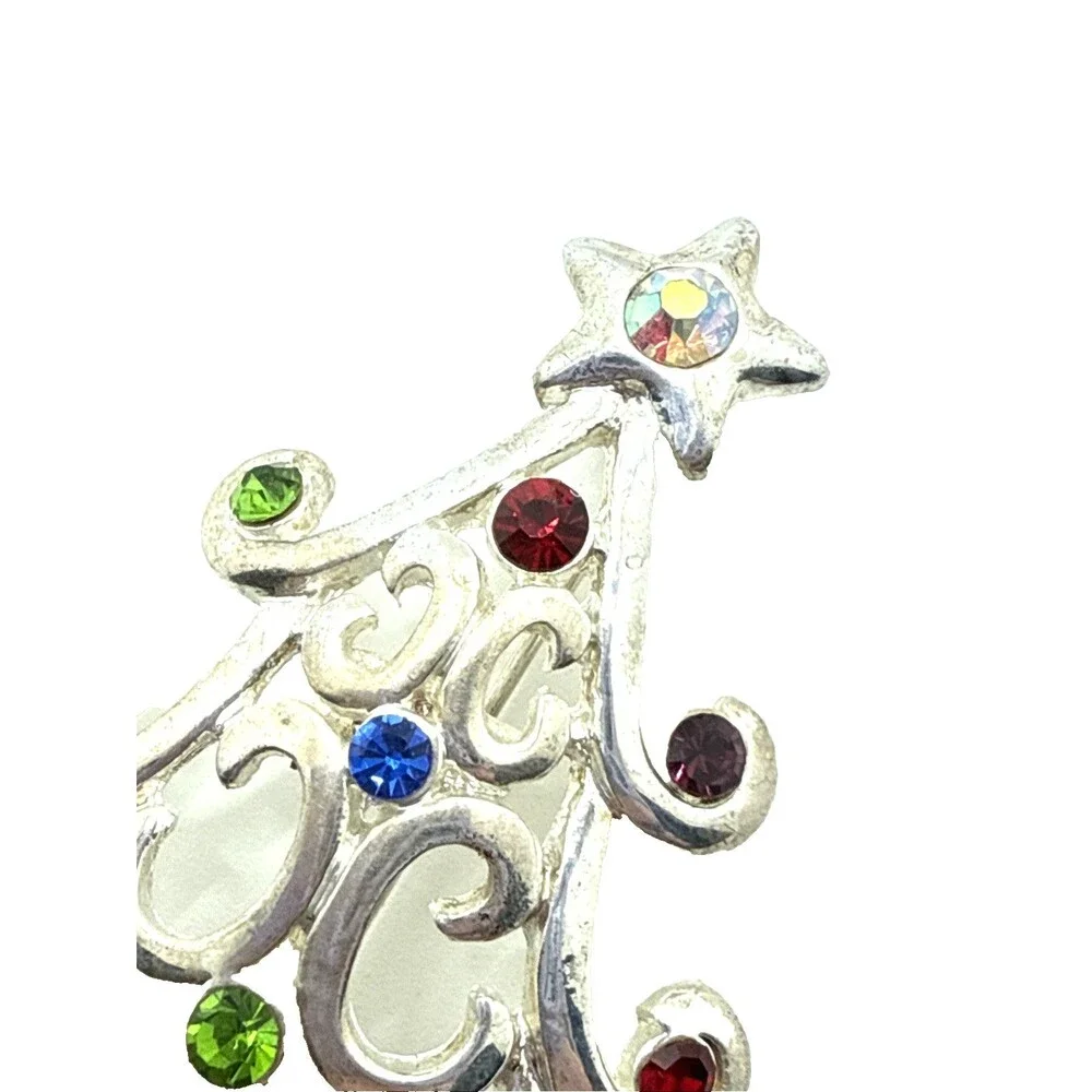 Vintage Kenneth Cole Rhinestone Christmas Tree Brooch Silver Tone KC Holiday Pin